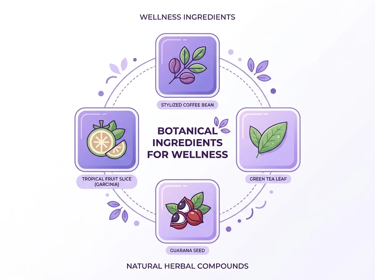 Infographic showing four botanical ingredient icons: coffee bean, green tea leaf, guarana seed, tropical fruit