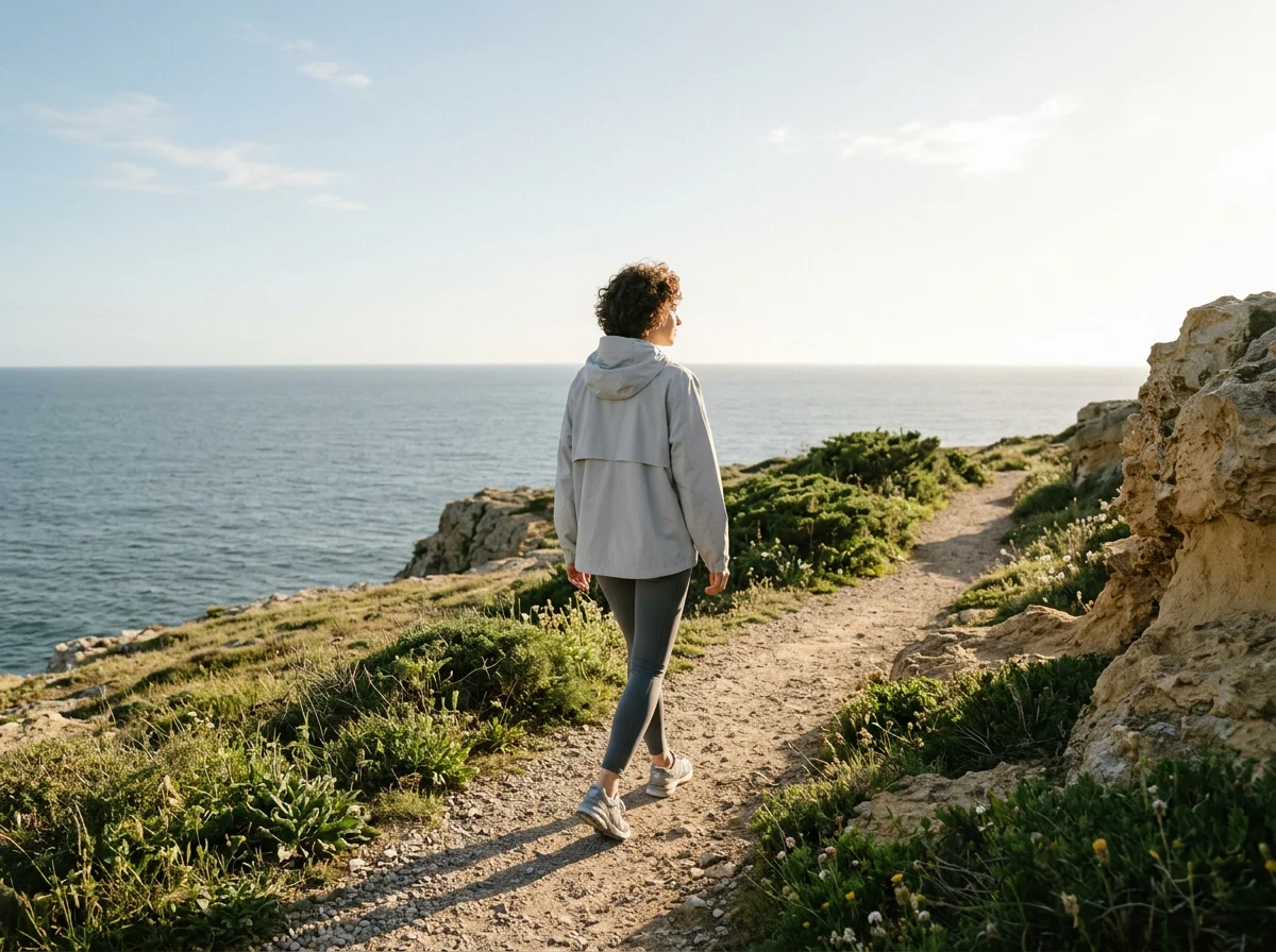 Anonymous person walking along a coastal path - active lifestyle